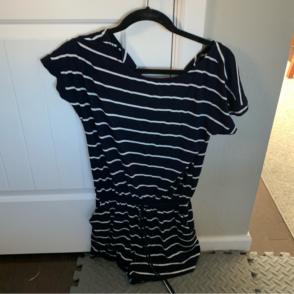 Like New Short Sleeve Navy / White Striped Romper